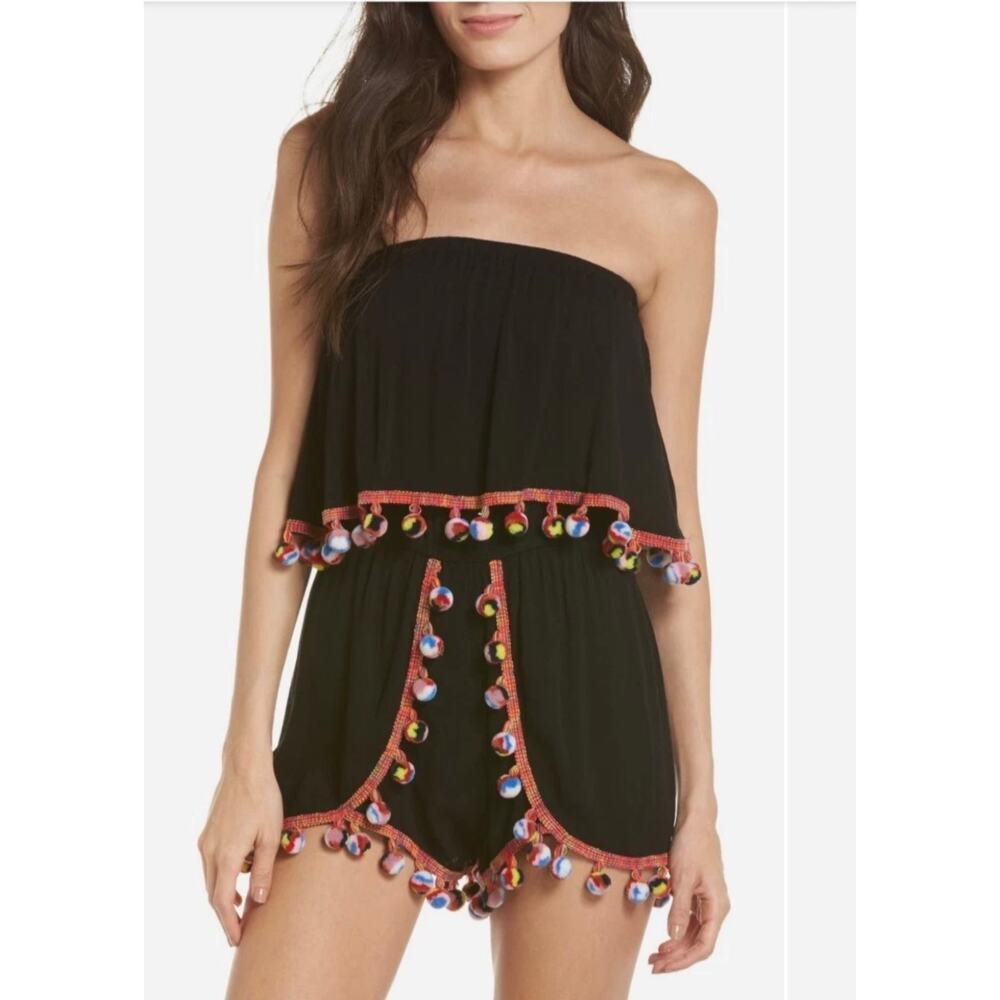 Surf Gypsy Strapless Shorts Pom Pom Romper Cover Up Festival Boho Sz medium